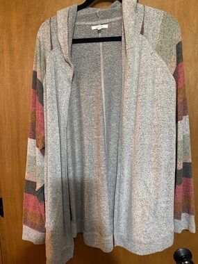 NWOT Maurices Light Gray Hooded Cardigan with Multicolor Stripe Sleeves